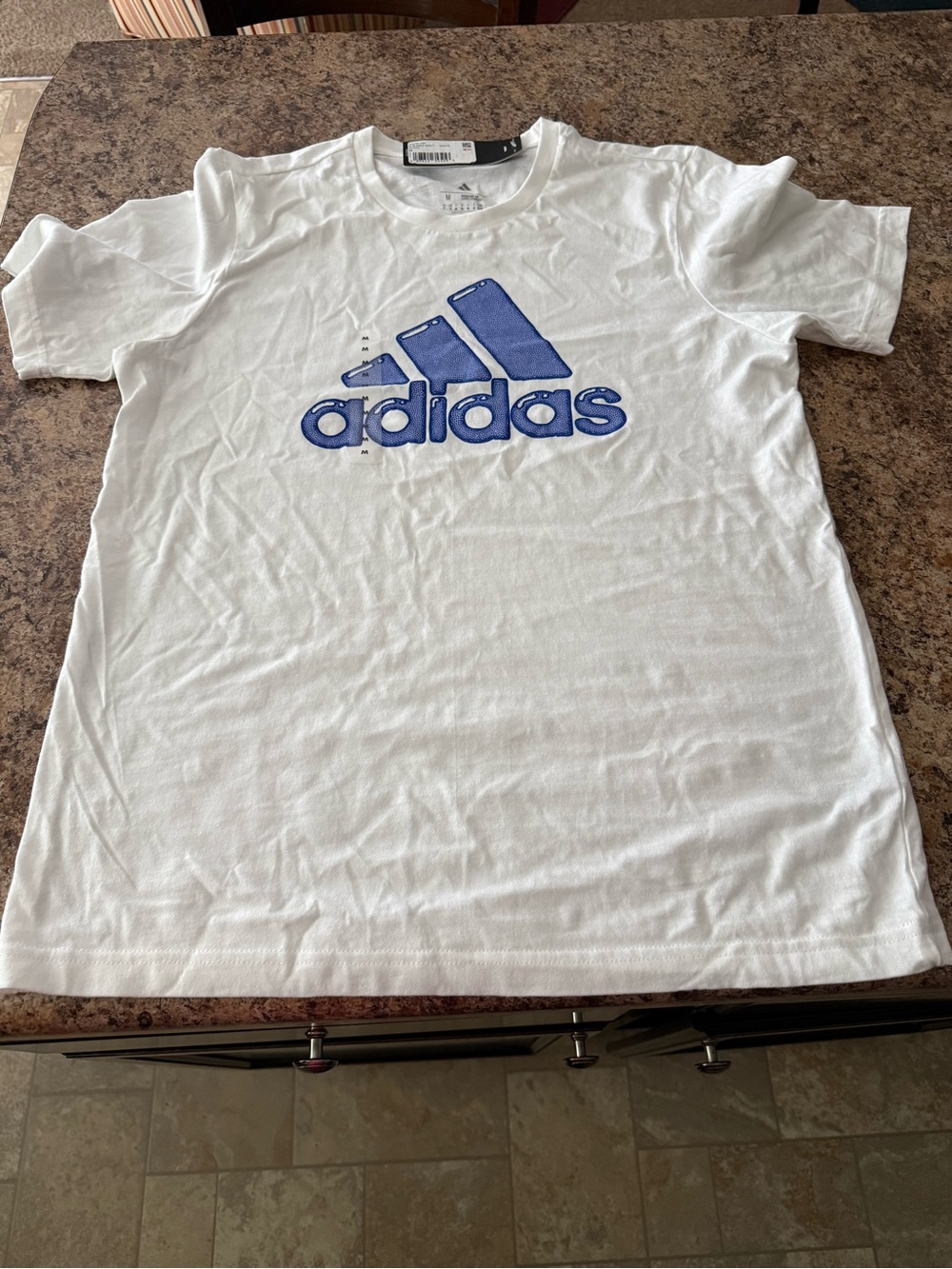 adidas White Short-Sleeve Tee with Blue Trefoil Logo